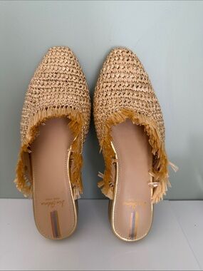 Sam Edelman Woven Raffia Fringe Slip-On Flats - Gold
